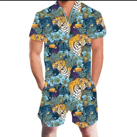 Tunevuse Men's Tropical Tigers And Toucans Button Down Shirt And Shorts Size S - Picture 1 of 15